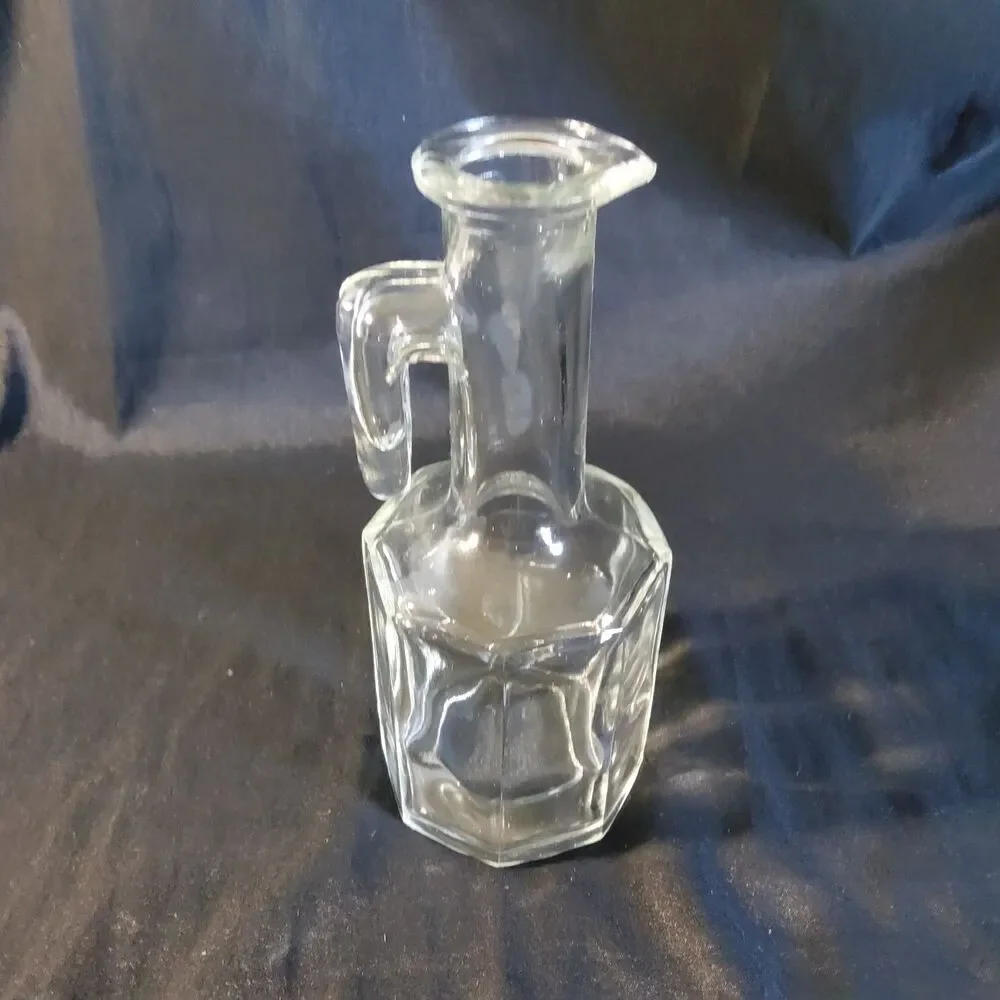 Vintage Clear Glass Vinegar Oil Cruet Hexagon Base Handle Pour Spout *NO LID 7in